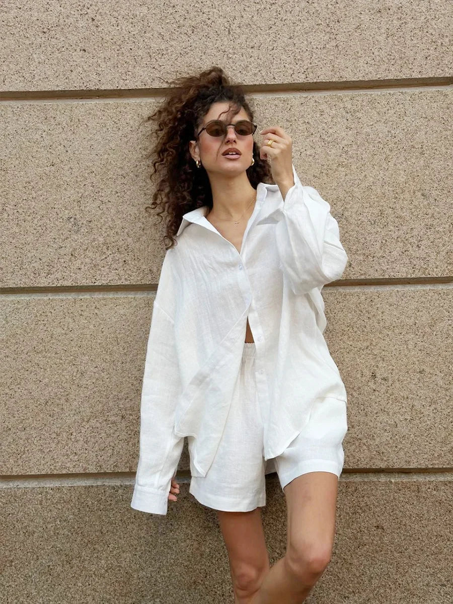 Wolfeel Women's Casual Shorts Sets 100% Cotton Solid Color Cozy Lapel Long Sleeve Shirt Summer New Elastic Waist Shorts Suits