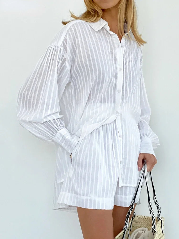 Wolfeel Casual Shorts Sets Striped Jacquard 2 Pieces Cozy Lapel Lantern Sleeve Shirt Summer Outfit Elastic Waist Shorts Suits