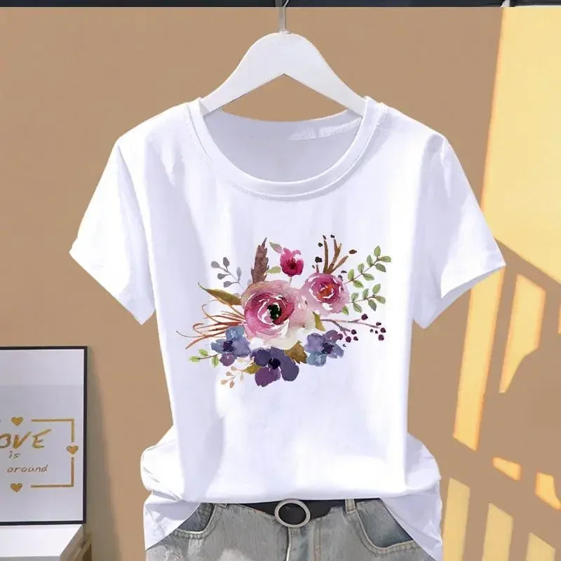 90s Y2k Women Print Floral Sports Fashion Casual Explosive Short Sleeve T-shirt Graphic Tshirts  Women Clothes  T Shirt