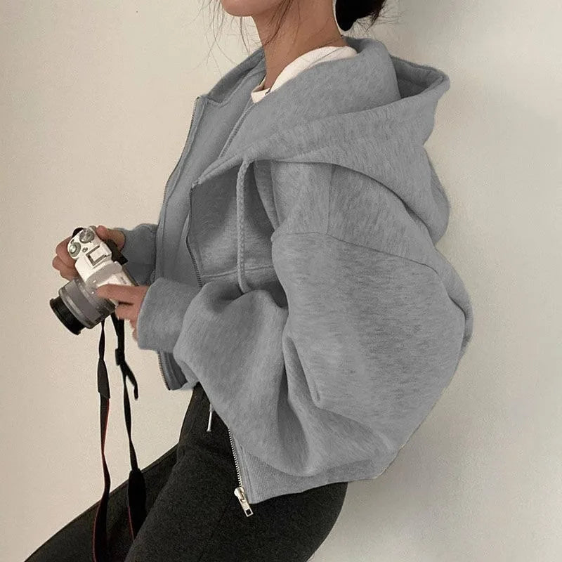 Casual Hood Sweatshirt Women Y2K Zip Up Hoodies Solid Harajuku Long Sleeve Shirt Oversized Crop Tops Female Loose Jackets Coat