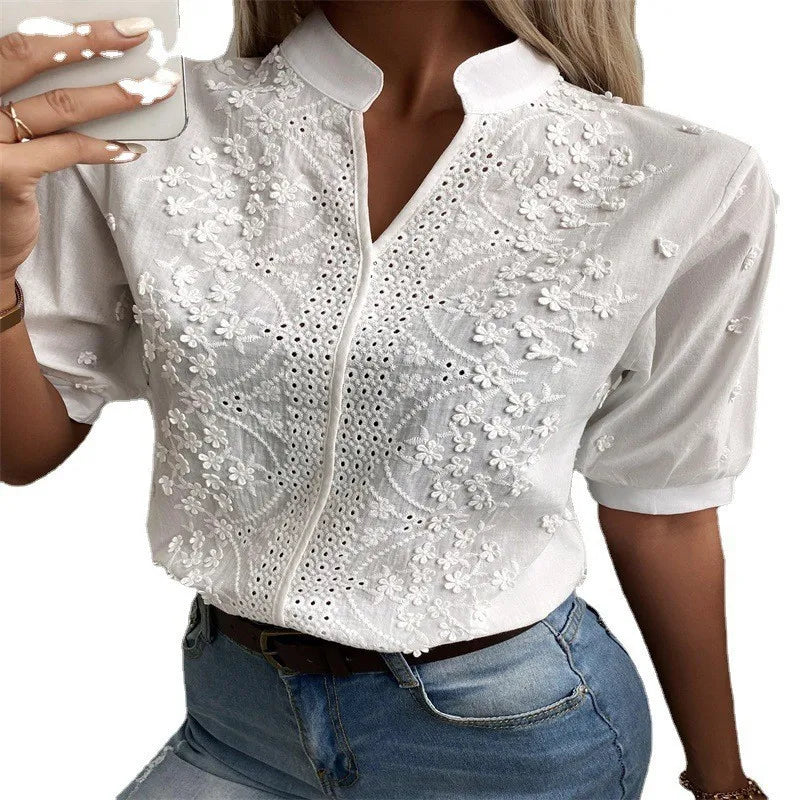 2025 Summer Elegant Short Sleeve White Shirt Vintage Tops Crochet Hollow Blouses For Women Fashion 2024 Cotton Female Clothing