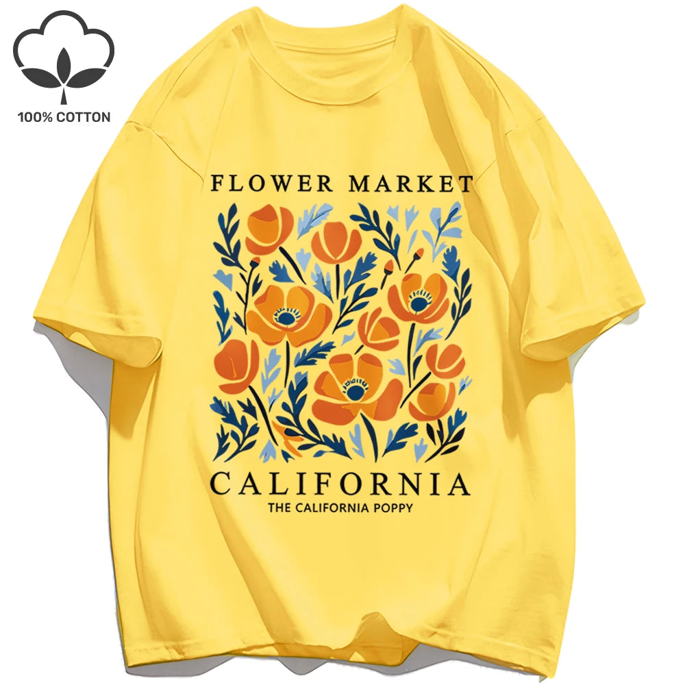 Yellow Flowers Market California Print T-Shirt Woman Soft Cotton Tee Top O-Neck Casual T Shirt Crewneck Sports Short Sleeve