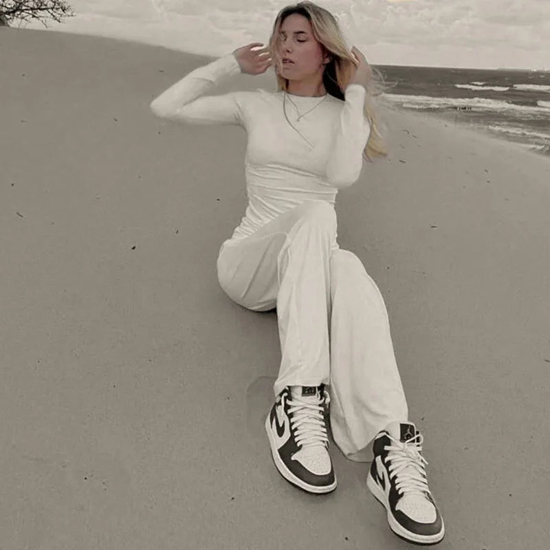 Apprabant Solid Pleated Casual Basic Trousers Set Round Neck Long Sleeve Top Fashion Sports Style High Waist Wide Leg Pants Suit