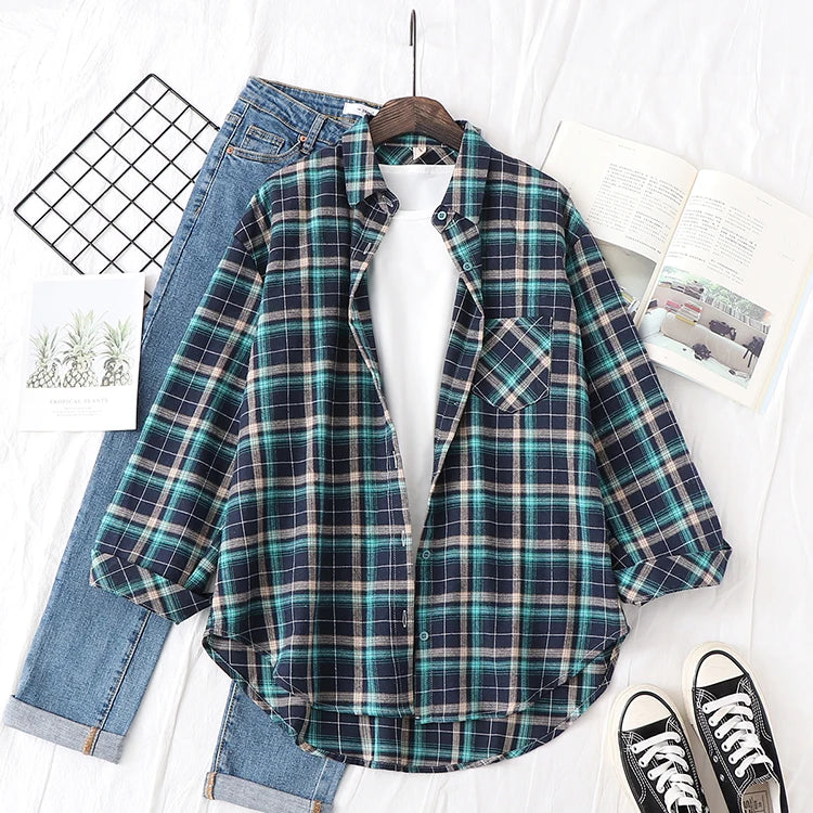 2025 New Fashion Loose Womens Plaid Shirt Fresh College Style Design Blouses And Tops Long Sleeve Casual Female Checked Clothes
