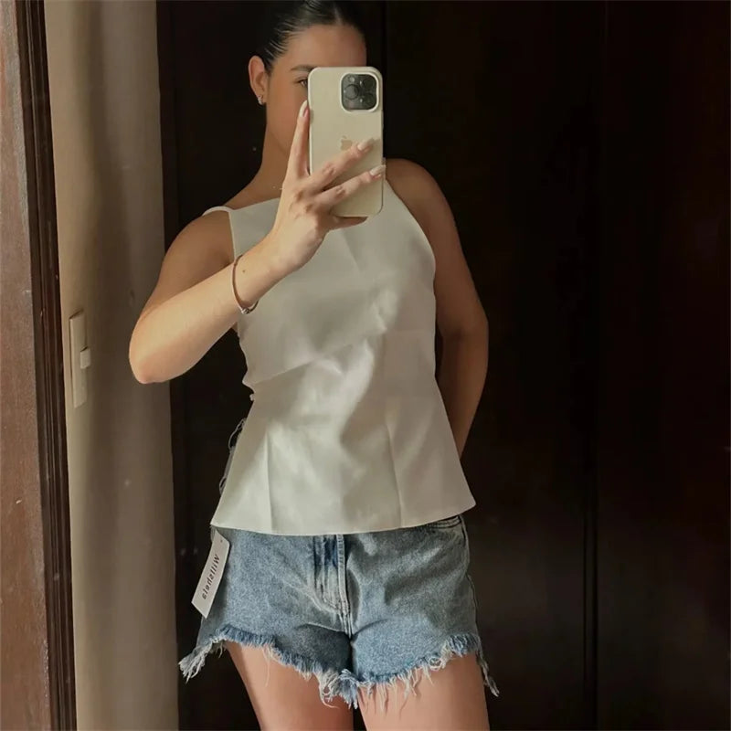 MUJER 2025 Black Backless Top Female White Sleeveless Crop Top With Straps Summer Sexy Tops Woman Party Women's Evening Top