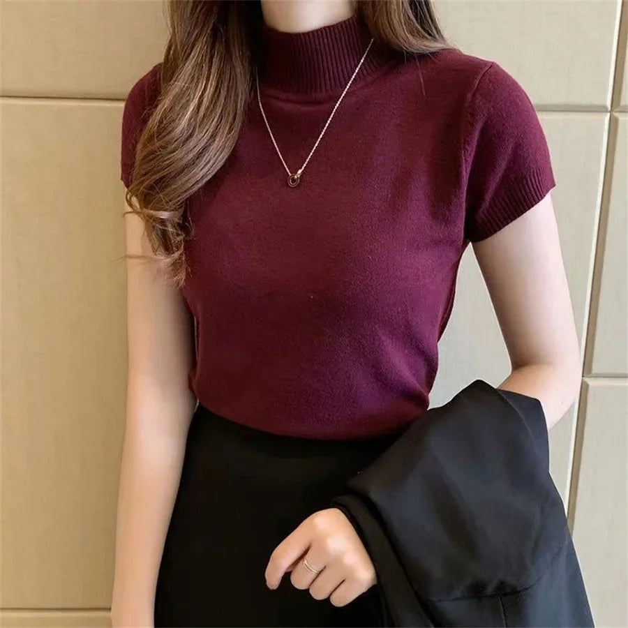 Fashion Woman Blouses Short Sleeve Summer Tops Blouse Women Turtleneck Knitted Blouse Shirt Women Tops Blouses