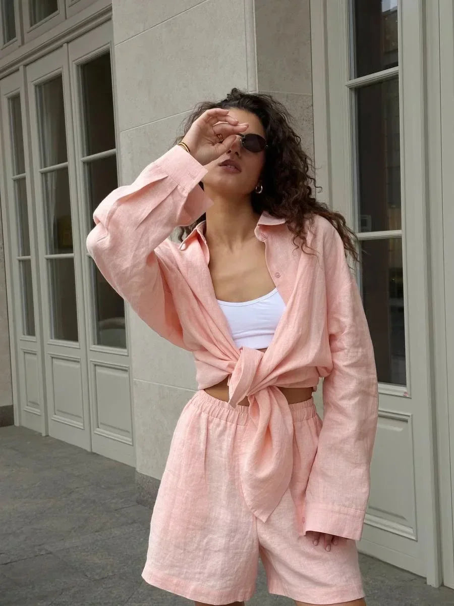 Wolfeel Women's Casual Shorts Sets 100% Cotton Solid Color Cozy Lapel Long Sleeve Shirt Summer New Elastic Waist Shorts Suits