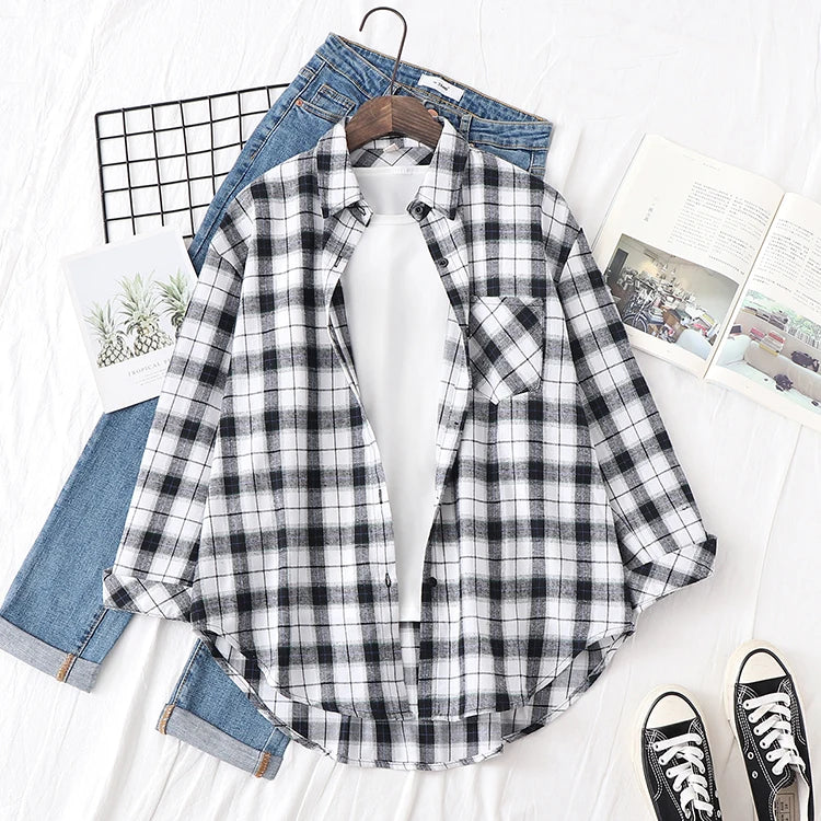 2025 New Fashion Loose Womens Plaid Shirt Fresh College Style Design Blouses And Tops Long Sleeve Casual Female Checked Clothes