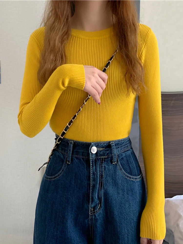 2025 New Women Sweater Autumn Winter Long Sleeve Pullover Basic Top Fashion O-neck Elastic Female Winter Solid Knitted Jumper