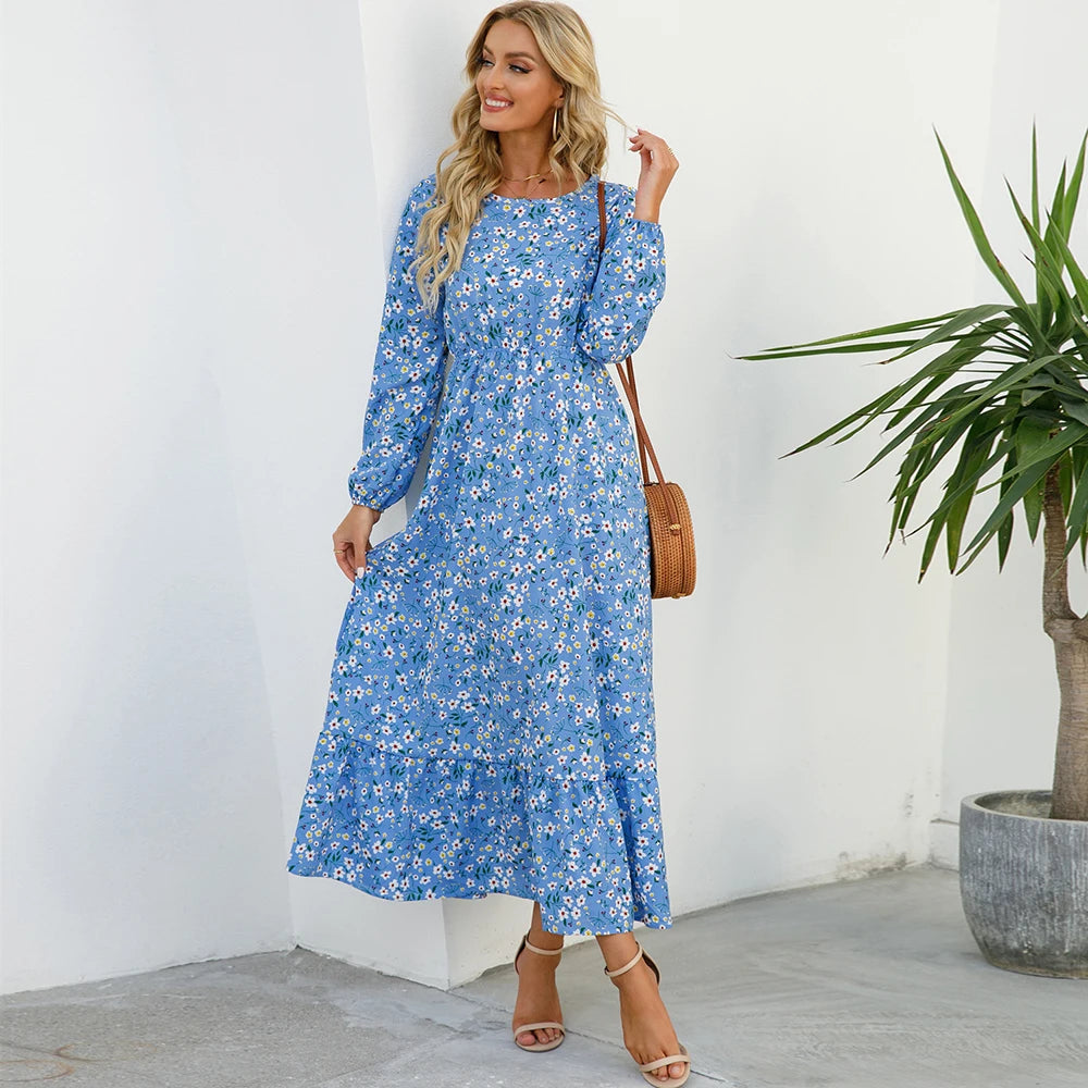 2025 Sping Summer Bohemian Women Maxi Dress Casual Long Sleeve High Waist Beach Woman Chiffon Dresses Floral Vestidoes Mujer New
