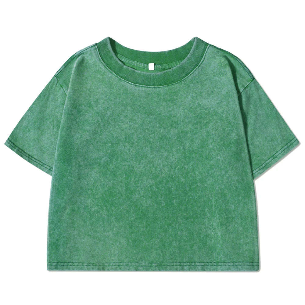 Solid Slim Washed T-Shirt Female Fashion Soft Cotton Streetwear Casual Sport Short Sleeve Cool Retro Crop Clothing For Women