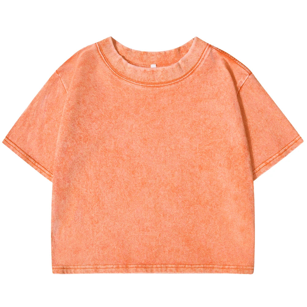 Solid Slim Washed T-Shirt Female Fashion Soft Cotton Streetwear Casual Sport Short Sleeve Cool Retro Crop Clothing For Women