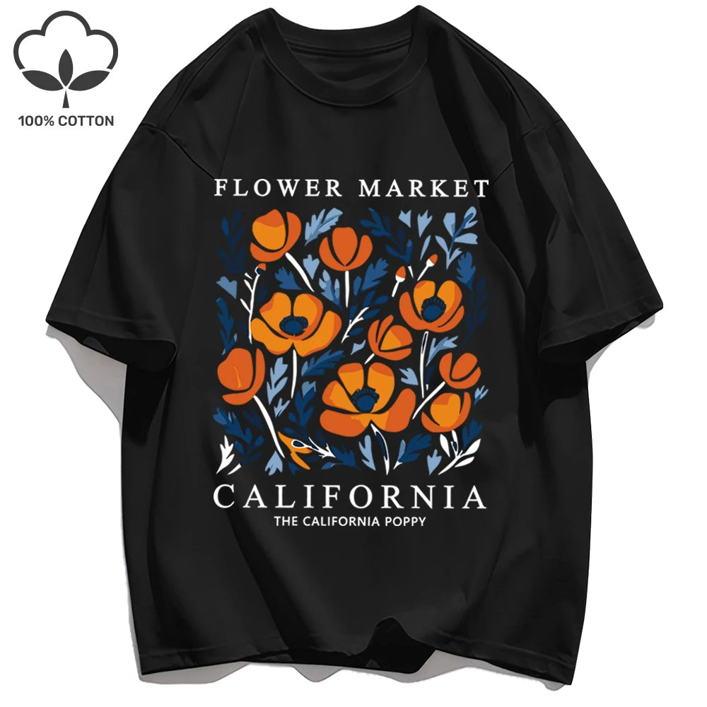 Yellow Flowers Market California Print T-Shirt Woman Soft Cotton Tee Top O-Neck Casual T Shirt Crewneck Sports Short Sleeve