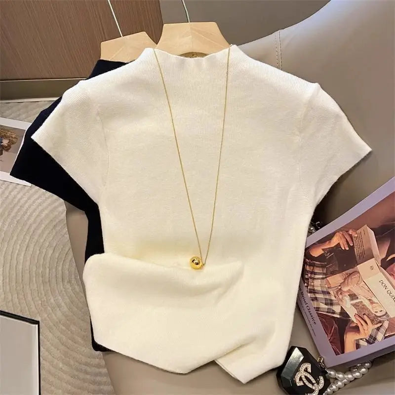 2025 Basic Turtleneck Solid Thin Summer Pullover Women Female Knitted Sweater Slim Short Sleeve Bodycon Sweater