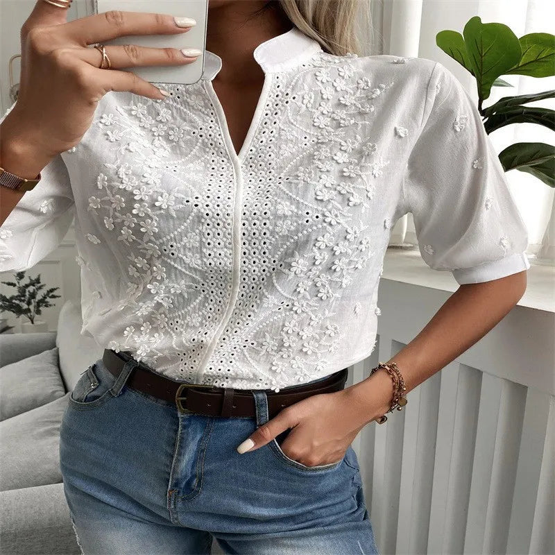 2025 Summer Elegant Short Sleeve White Shirt Vintage Tops Crochet Hollow Blouses For Women Fashion 2024 Cotton Female Clothing