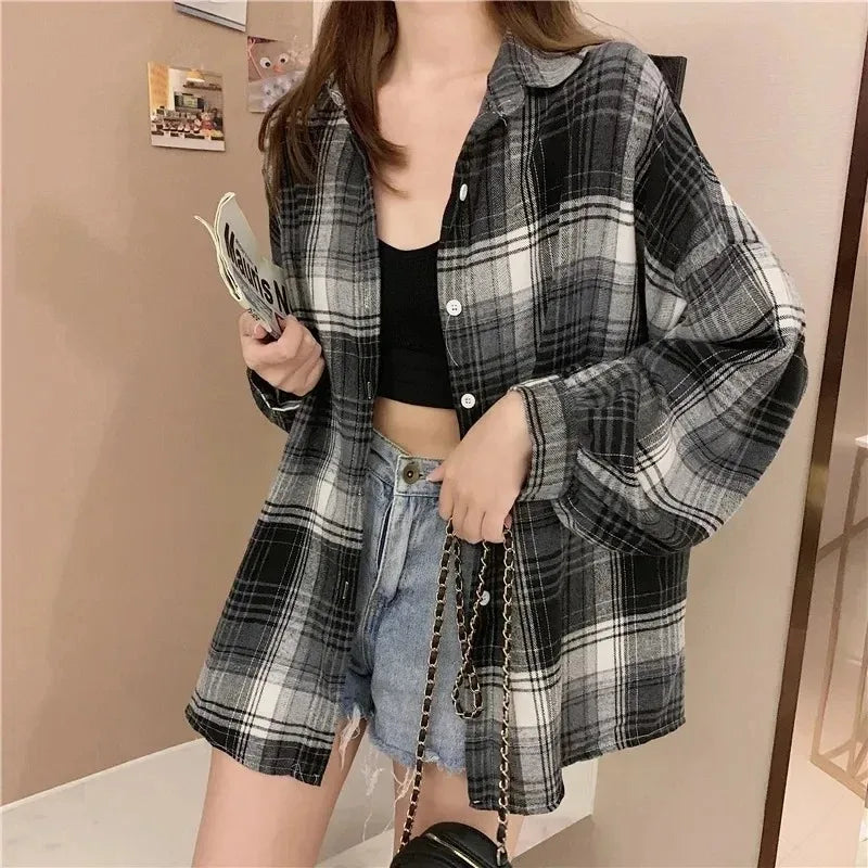 Plaid Shirt Women Fashion Autumn Long Sleeve Top Female Vintage Single Breasted Blouse Ladies Preppy Style Loose Check Shirts