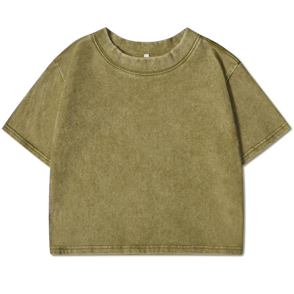 Solid Slim Washed T-Shirt Female Fashion Soft Cotton Streetwear Casual Sport Short Sleeve Cool Retro Crop Clothing For Women