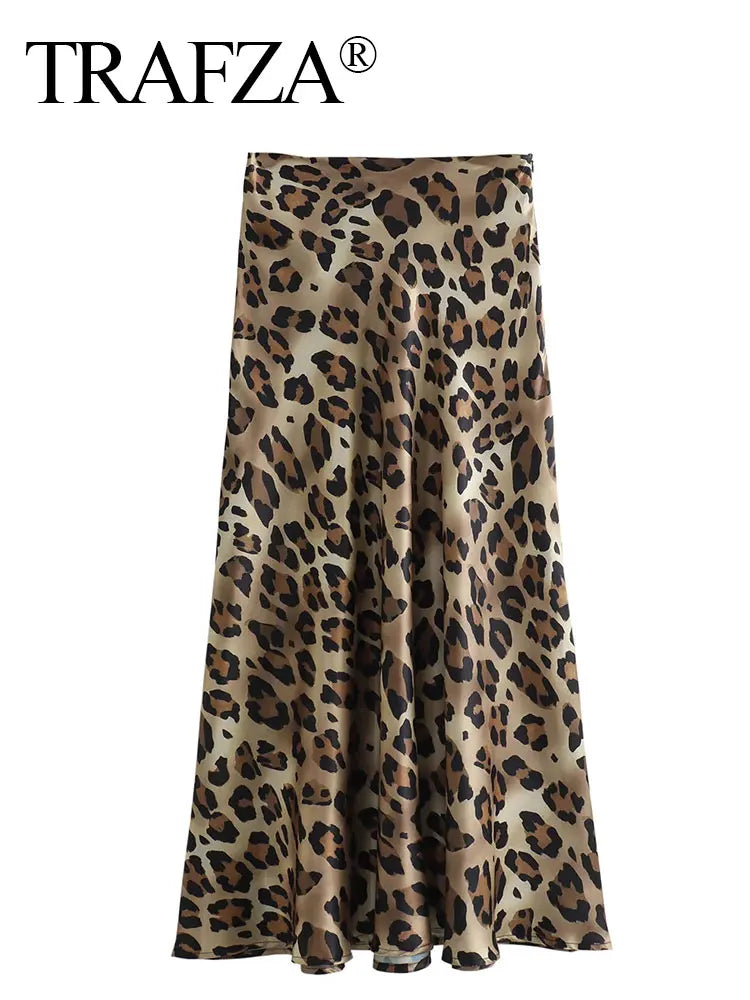 TRAFZA 2025 Women Fashion Leopard Print Skirt Vintage High Waist Midi Skirts Elegant Women Summer Casual Streetwear Skirt