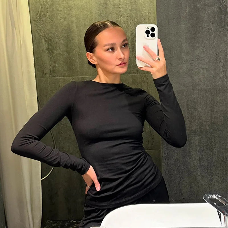 Apprabant Solid Pleated Casual Basic Trousers Set Round Neck Long Sleeve Top Fashion Sports Style High Waist Wide Leg Pants Suit