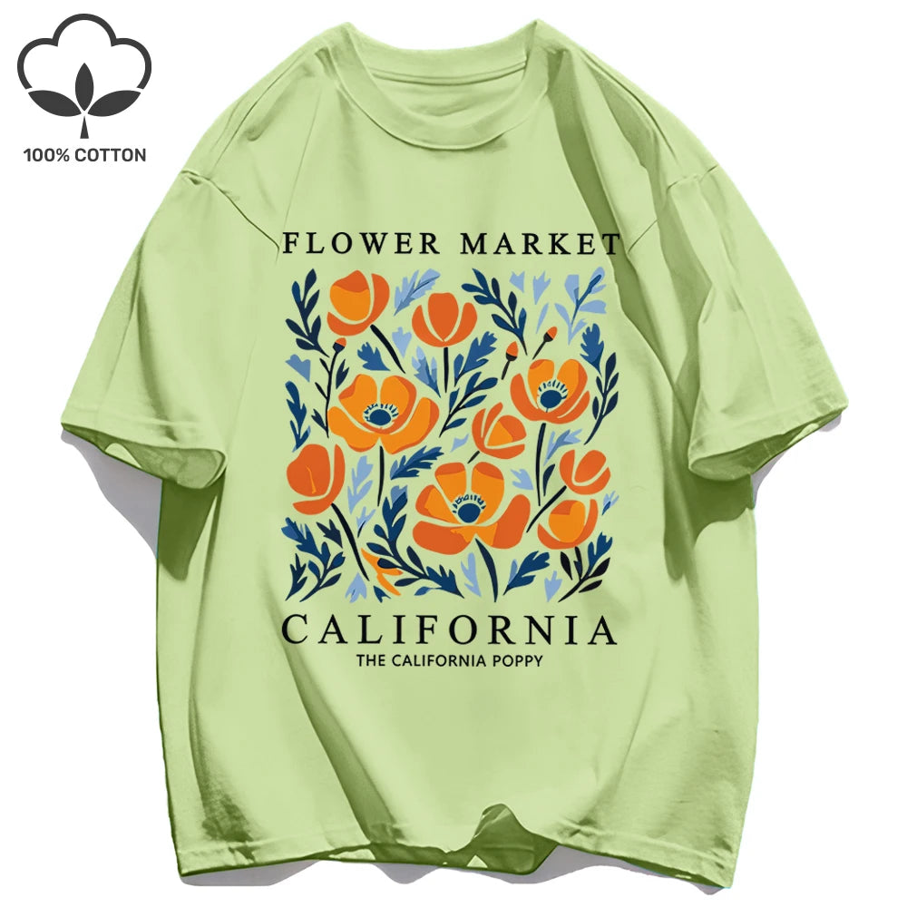 Yellow Flowers Market California Print T-Shirt Woman Soft Cotton Tee Top O-Neck Casual T Shirt Crewneck Sports Short Sleeve