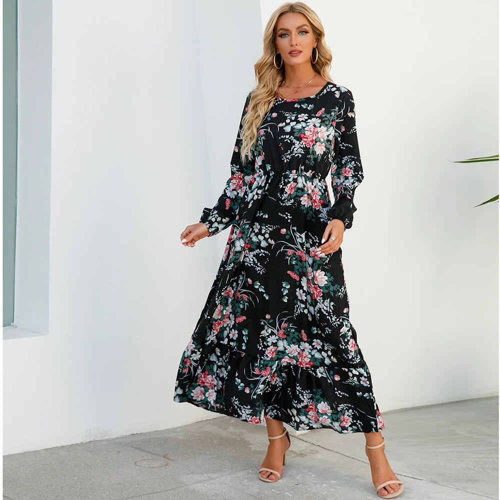 2025 Sping Summer Bohemian Women Maxi Dress Casual Long Sleeve High Waist Beach Woman Chiffon Dresses Floral Vestidoes Mujer New
