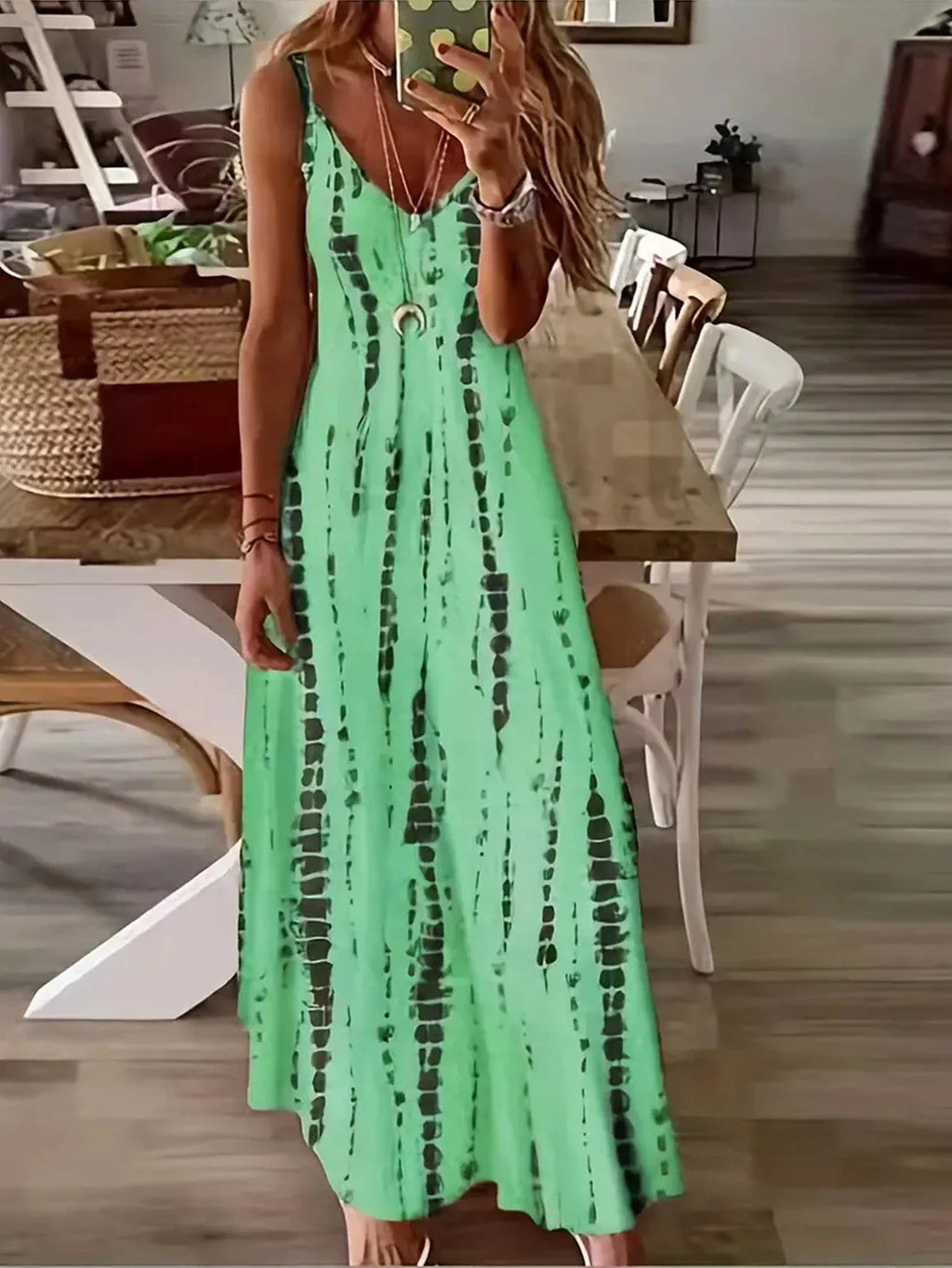 Women's Casual Loose V-neck Tie Dye Printed Spaghetti Maxi Dress Summer Beach Vacation Long Dress