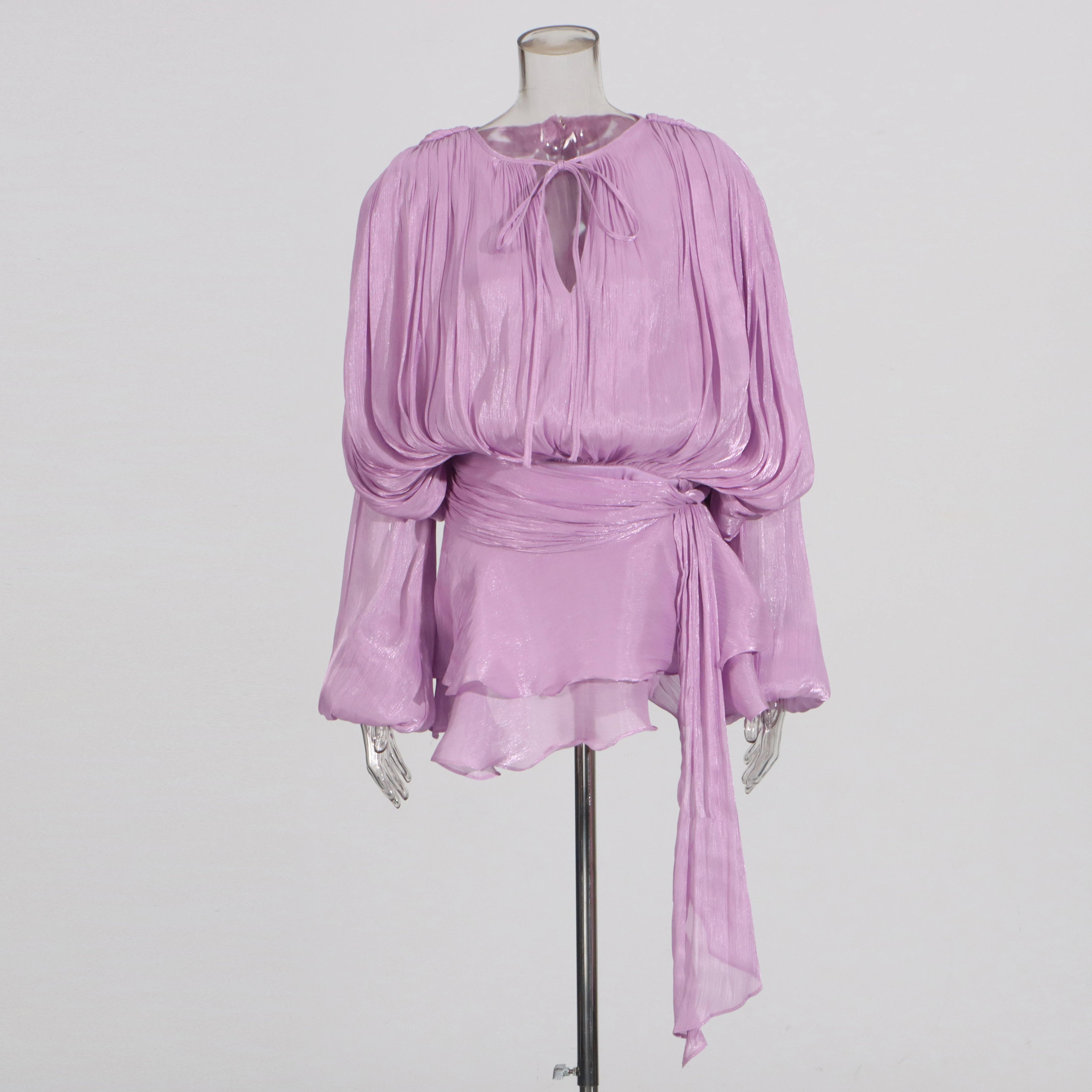 KBQ Solid Patchwork Lace Up Loose Dresses For Women O Neck Long Sleeve High Waist Spliced Folds Temperament Dress Female Fashion