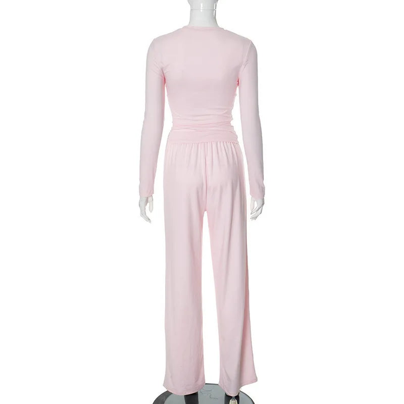 Apprabant Solid Pleated Casual Basic Trousers Set Round Neck Long Sleeve Top Fashion Sports Style High Waist Wide Leg Pants Suit