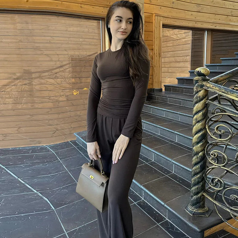 Apprabant Solid Pleated Casual Basic Trousers Set Round Neck Long Sleeve Top Fashion Sports Style High Waist Wide Leg Pants Suit