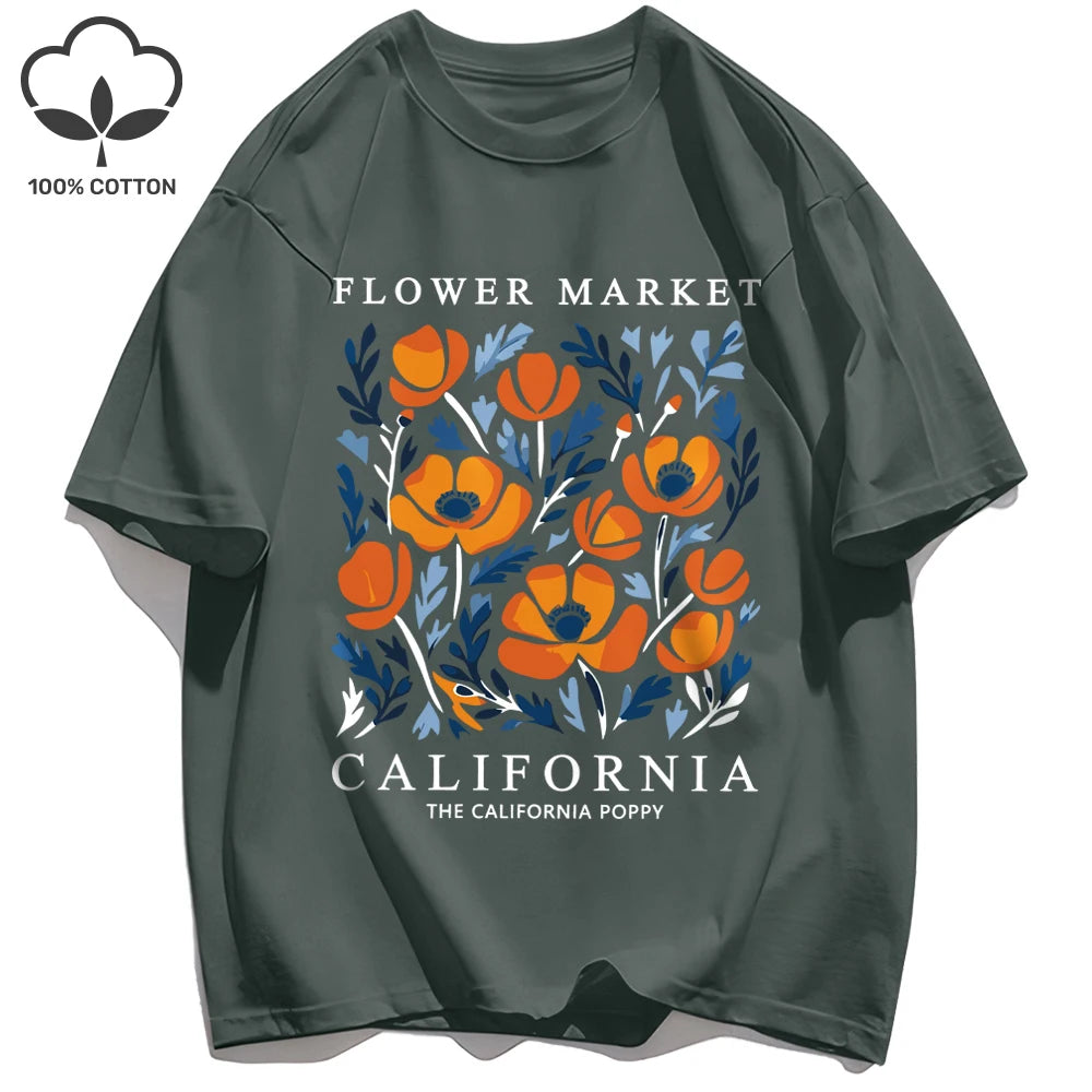 Yellow Flowers Market California Print T-Shirt Woman Soft Cotton Tee Top O-Neck Casual T Shirt Crewneck Sports Short Sleeve
