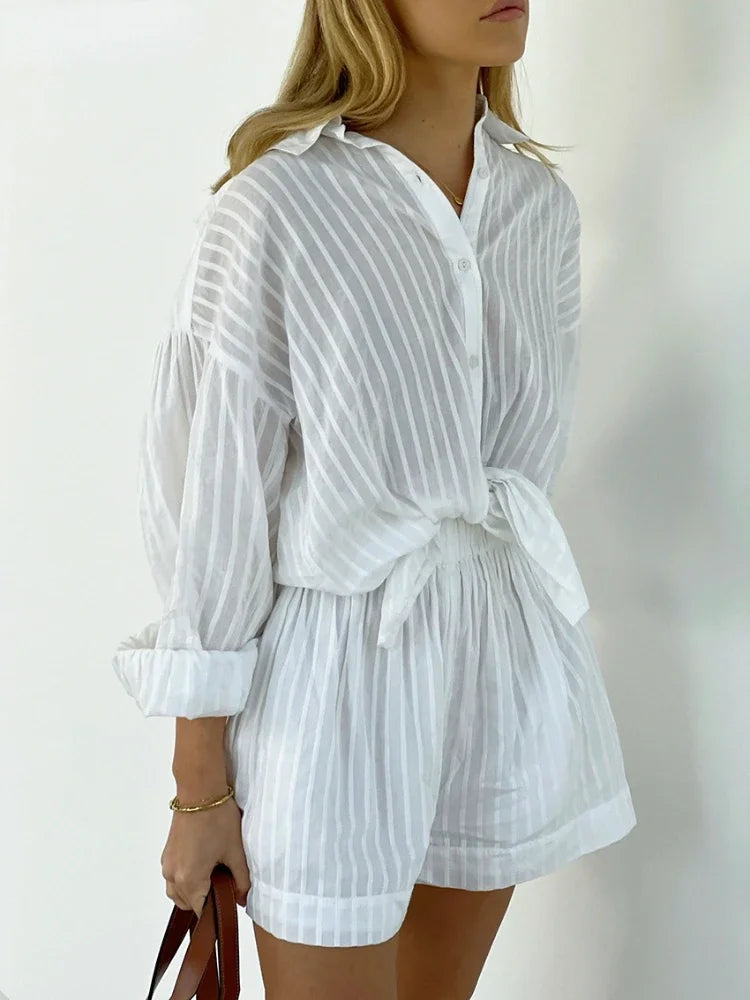 Wolfeel Casual Shorts Sets Striped Jacquard 2 Pieces Cozy Lapel Lantern Sleeve Shirt Summer Outfit Elastic Waist Shorts Suits