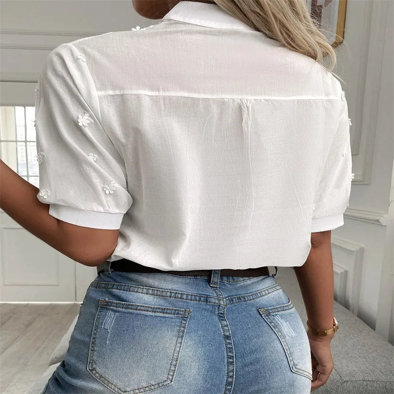 2025 Summer Elegant Short Sleeve White Shirt Vintage Tops Crochet Hollow Blouses For Women Fashion 2024 Cotton Female Clothing