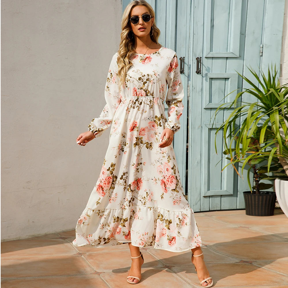2025 Sping Summer Bohemian Women Maxi Dress Casual Long Sleeve High Waist Beach Woman Chiffon Dresses Floral Vestidoes Mujer New