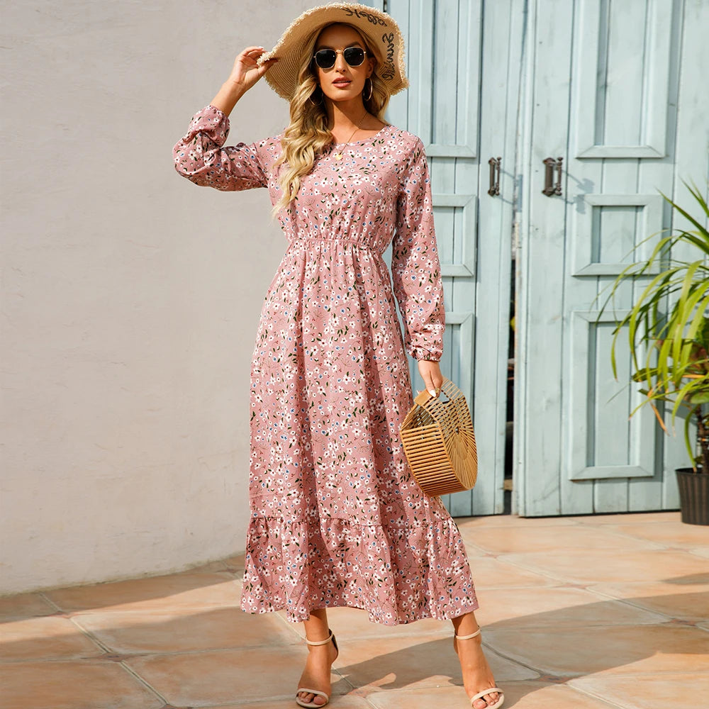 2025 Sping Summer Bohemian Women Maxi Dress Casual Long Sleeve High Waist Beach Woman Chiffon Dresses Floral Vestidoes Mujer New