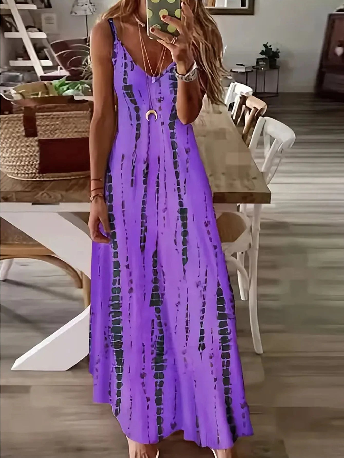 Women's Casual Loose V-neck Tie Dye Printed Spaghetti Maxi Dress Summer Beach Vacation Long Dress