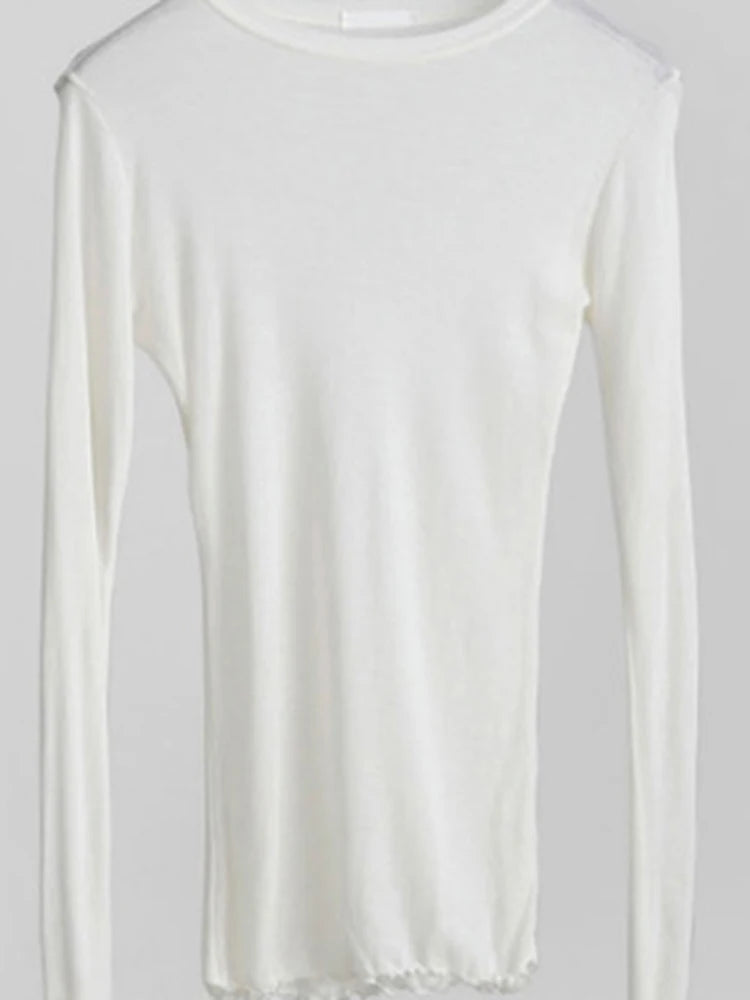 High Quality Plain T Shirt Women  Elastic Basic T-shirts Female Casual Tops Long Sleeve Sexy Thin T-shirt see through