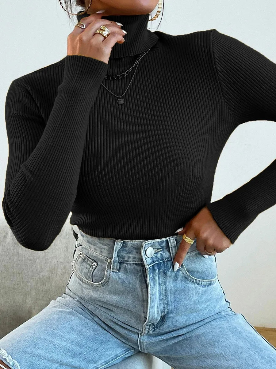 Autumn Winter Women Knit Solid Turtleneck Pull Sweater Casual Rib Jumper Tops Female Home Pullover Y2K Clothing 2025