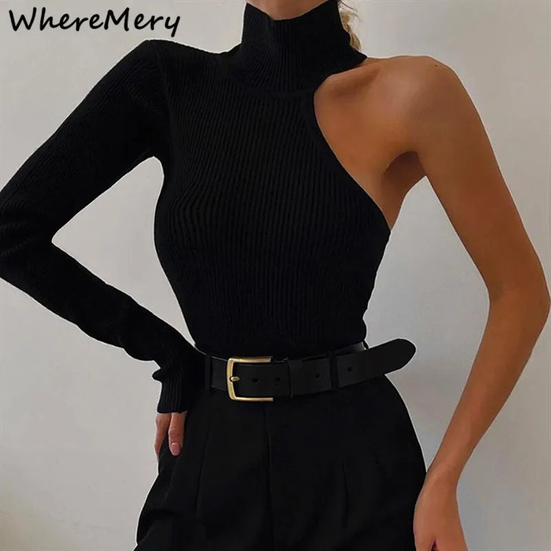 WhereMery French Women's Sexy Off Shoulder Small High neck Long Sleeve Jumpsuit Spring Hot Girl Slimming Irregular Chic T-shirts