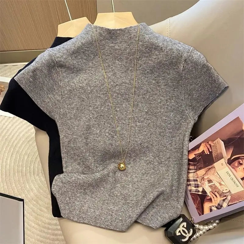 2025 Basic Turtleneck Solid Thin Summer Pullover Women Female Knitted Sweater Slim Short Sleeve Bodycon Sweater