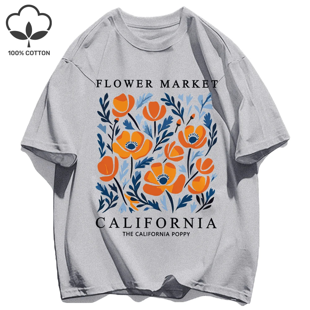 Yellow Flowers Market California Print T-Shirt Woman Soft Cotton Tee Top O-Neck Casual T Shirt Crewneck Sports Short Sleeve