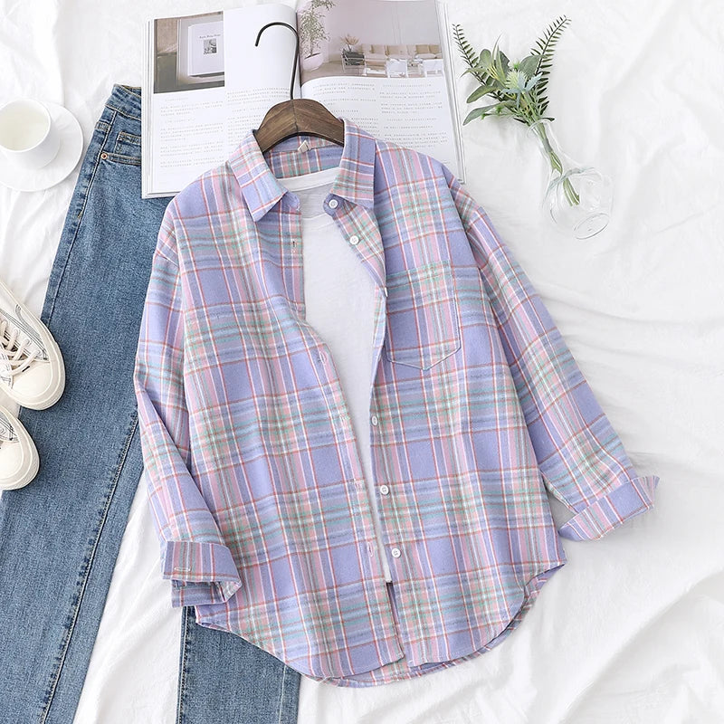 2025 New Fashion Loose Womens Plaid Shirt Fresh College Style Design Blouses And Tops Long Sleeve Casual Female Checked Clothes