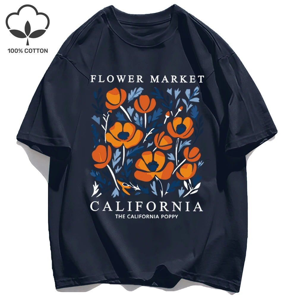 Yellow Flowers Market California Print T-Shirt Woman Soft Cotton Tee Top O-Neck Casual T Shirt Crewneck Sports Short Sleeve