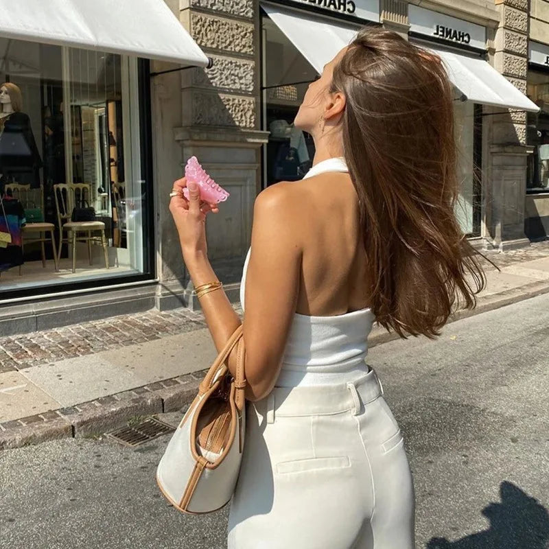 Women's Sexy Spice Hanging Neck Backless Small Suspenders Slim Short Neckline Solid Color Threaded Peplum Short Tops