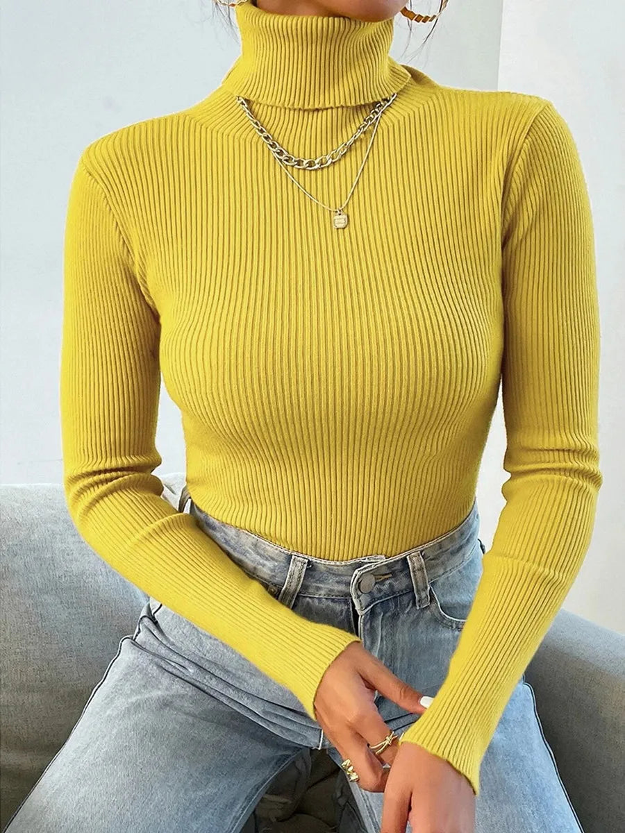 Autumn Winter Women Knit Solid Turtleneck Pull Sweater Casual Rib Jumper Tops Female Home Pullover Y2K Clothing 2025