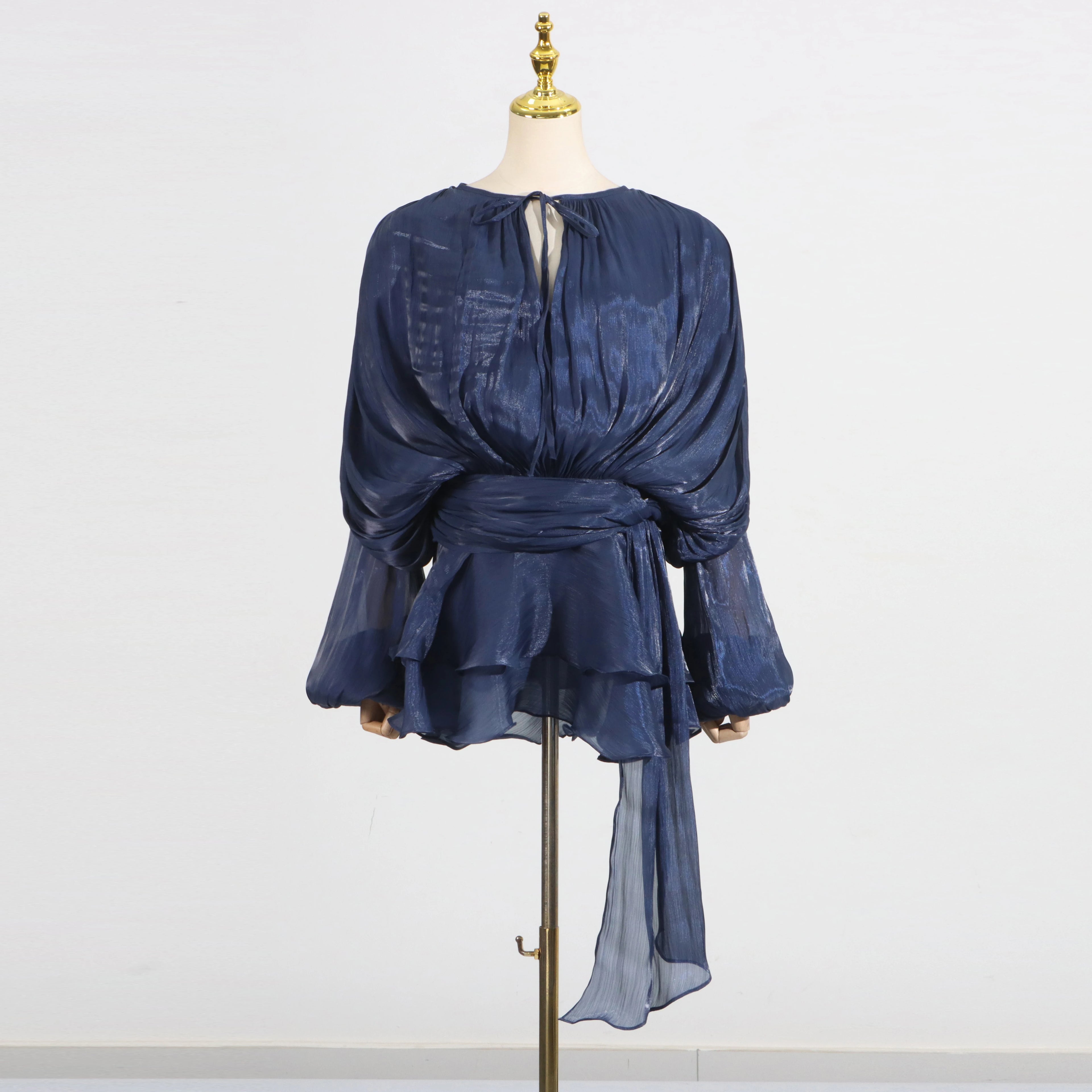 KBQ Solid Patchwork Lace Up Loose Dresses For Women O Neck Long Sleeve High Waist Spliced Folds Temperament Dress Female Fashion