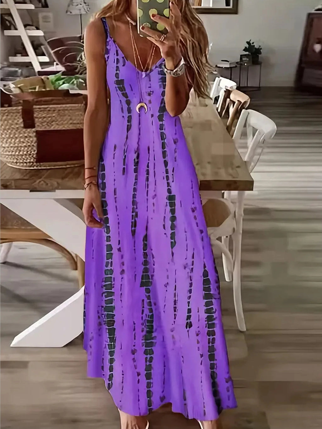 Women's Casual Loose V-neck Tie Dye Printed Spaghetti Maxi Dress Summer Beach Vacation Long Dress