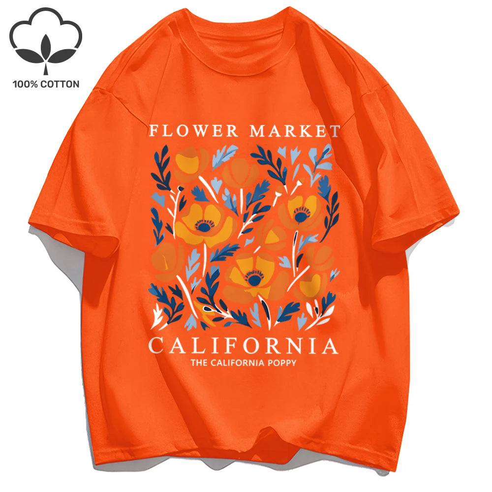 Yellow Flowers Market California Print T-Shirt Woman Soft Cotton Tee Top O-Neck Casual T Shirt Crewneck Sports Short Sleeve