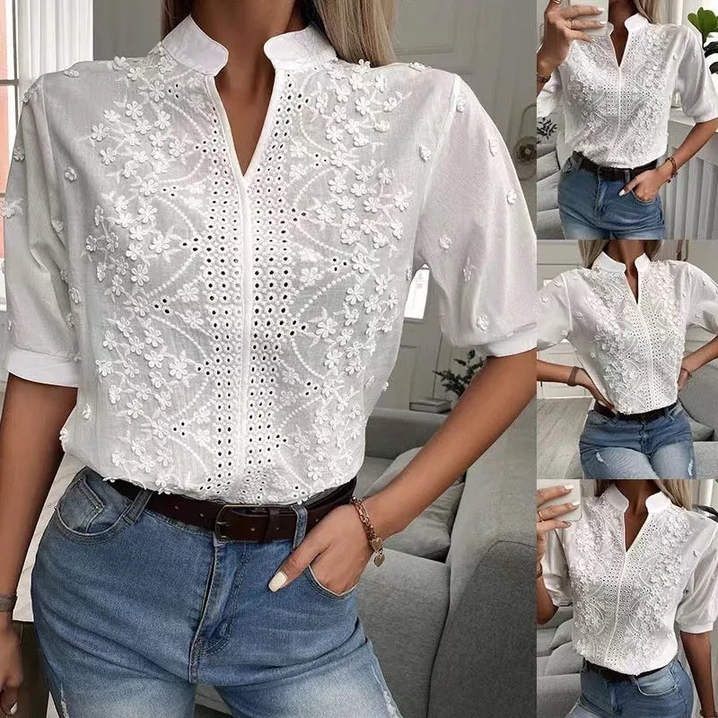 2025 Summer Elegant Short Sleeve White Shirt Vintage Tops Crochet Hollow Blouses For Women Fashion 2024 Cotton Female Clothing