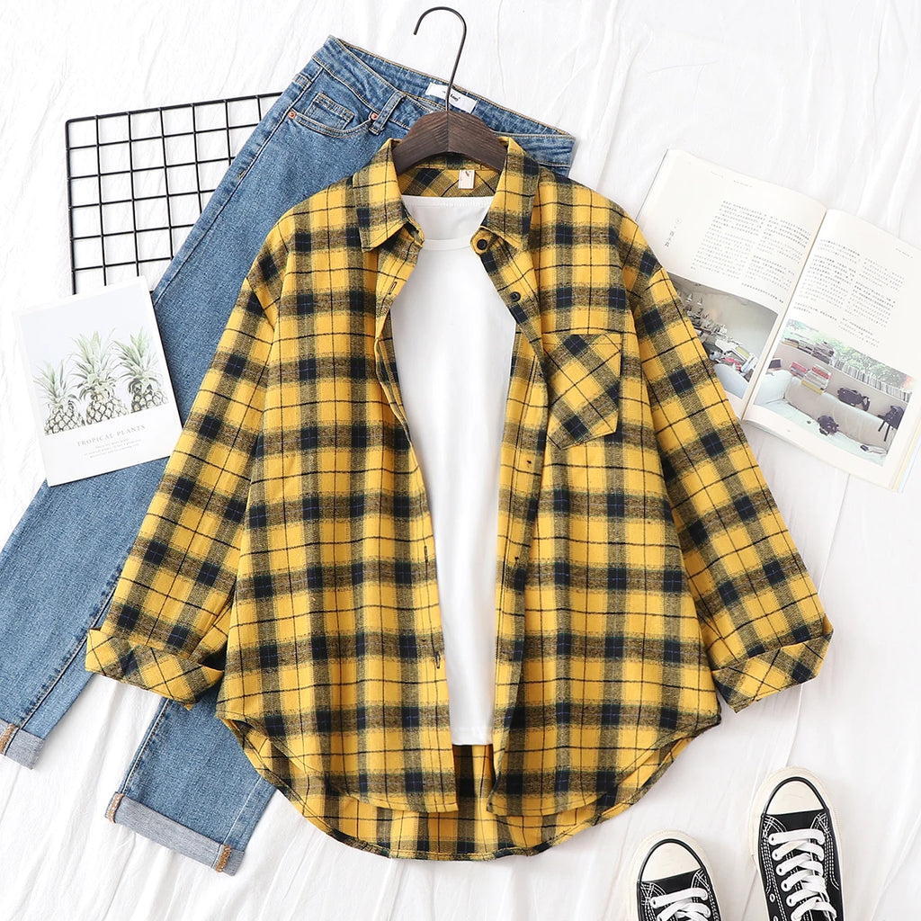 2025 New Fashion Loose Womens Plaid Shirt Fresh College Style Design Blouses And Tops Long Sleeve Casual Female Checked Clothes