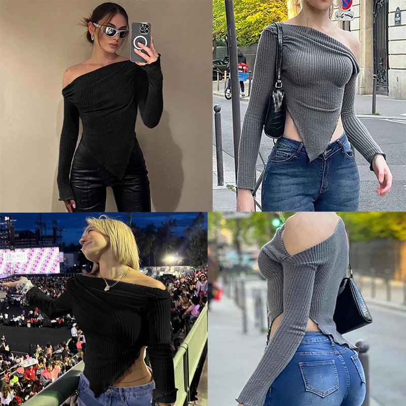 Autumn Winter New T-shirt Women Sexy Black Skew Collar Tees Fashion Long Sleeves Asymmetrical Lady Elegant Versatile Clothing